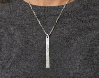 Peony Bar Necklace, Hand Engraved Silver Pendant, 950 Fine Silver Japanese Jewelry