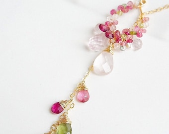Rose Quartz Lariat Necklace: 14k Gold Filled Wire Wrapped, Handmade Pink Gemstone Jewelry