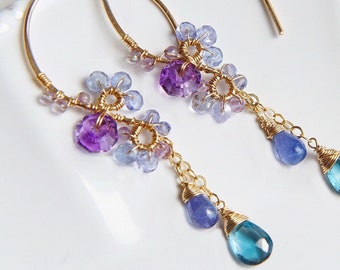 London Blue Topaz Earrings, Tanzanite Amethyst Chandelier Hoop, 14k gold filled Sterling silver