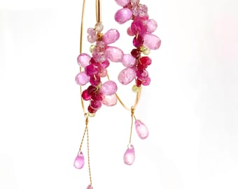Pink Sapphire Ruby Hoop Earrings: 14K Gold Filled Cherry Blossom Jewelry