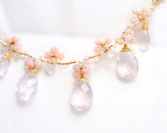 Rose Quartz Chandelier Necklace for Wedding, Delicate Pale Pink Jewelry, Wire wrapped Gemstone Necklace