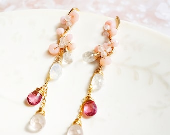 Pink Tourmaline Rose Quartz Teardrop Cluster Earrings 14K Gold Filled, Inspired Cherry Blossom