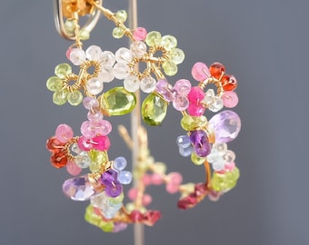 Colorful Gemstone Large Hoop Earrings: 14K Gold Filled Wire Wrapped Statement Jewelry