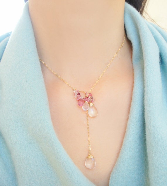 Pink Gemstones Lariat, Cherry Blossom Sakura Japanese Jewelry, Cluster Pendant Necklace, 14K Gold Filled