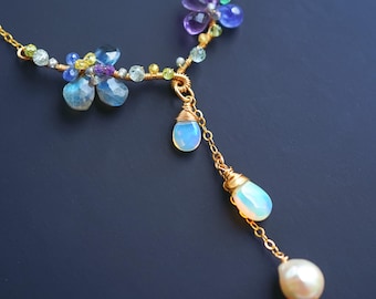 Ethiopian Opal Akoya Pearl Necklace, 14K Gold Filled Gemstone Botanical Jewelry