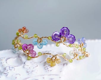 Multicolor Gemstone Gold Wire Vine Bracelet, 14K Gold Filled Bangle,  Handmade Floral Bridal Jewelry