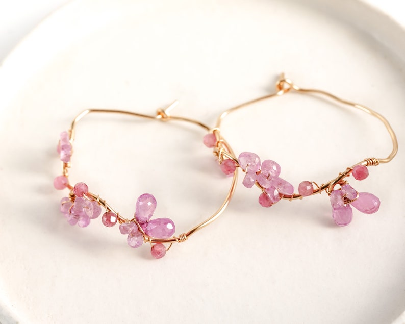 Cherry Blossom Pink Floral Earrings in Gold filled, Pink Sapphire Jewelry, Wedding gift for Bride image 4