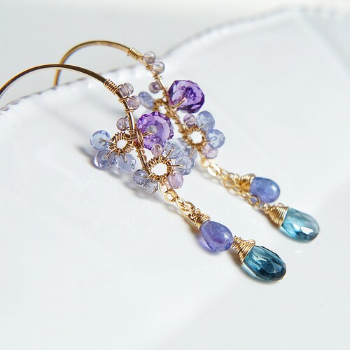 London Blue Topaz 2024 Earrings, Tanzanite Amethyst Chandelier Hoop, 14k gold filled Sterling silver