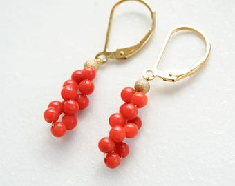 Genuine Japanese Red Coral Earrings, 14K Gold Filled, Aka Coral Beads, March Birthstone Jewelry