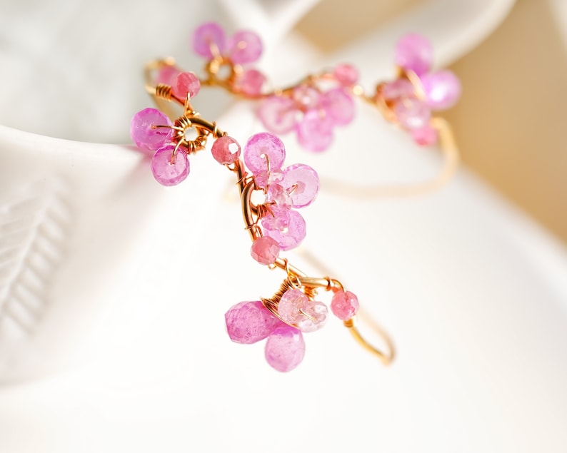 Cherry Blossom Pink Floral Earrings in Gold filled, Pink Sapphire Jewelry, Wedding gift for Bride image 3