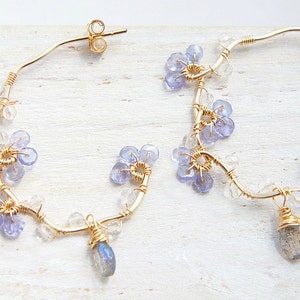 Forget me not Flower Vine Tanzanite Earrings in Gold filled or Sterling silver, Wire wrapped Jewelry, Delicate Blue Violet Gemstones