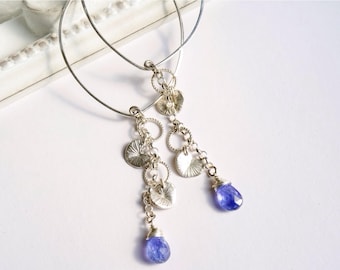 Tanzanite Lotus Leaf Hoop Earrings, Sterling Silver, Blue Violet Gemstone Jewelry