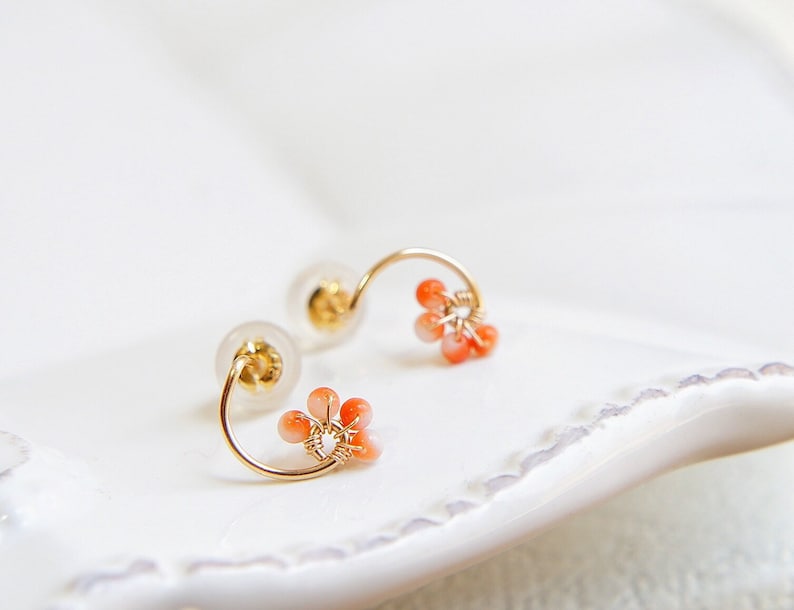 Tiny Solid Gold Earrings. Japanese Orange Coral 14k Gold Studs No Dyed Natural Coral Earrings