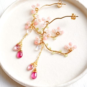 Pink Tourmaline Chandelier Earrings, Cherry Blossom Earrings, Rubellite Gold Hoop, Sakura Wedding Japanese Jewelry image 1