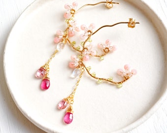 Rosa Turmalin Kronleuchter Ohrringe, Kirschblüten Ohrringe, Rubellit Gold Hoop, Sakura Hochzeit japanischer Schmuck