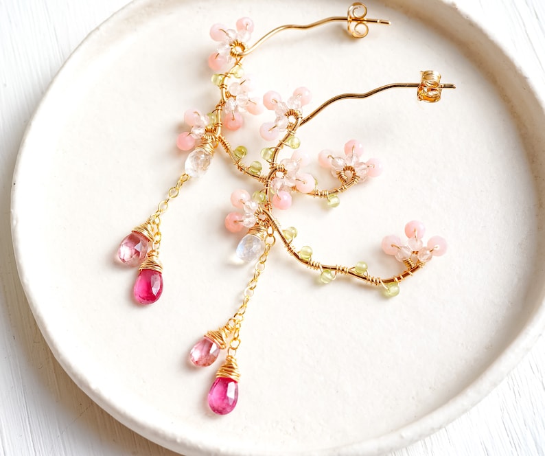 Pink Tourmaline Chandelier Earrings, Cherry Blossom Earrings, Rubellite Gold Hoop, Sakura Wedding Japanese Jewelry image 1