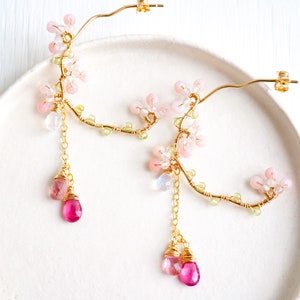 Pink Tourmaline Chandelier Earrings, Cherry Blossom Earrings, Rubellite Gold Hoop, Sakura Wedding Japanese Jewelry image 4