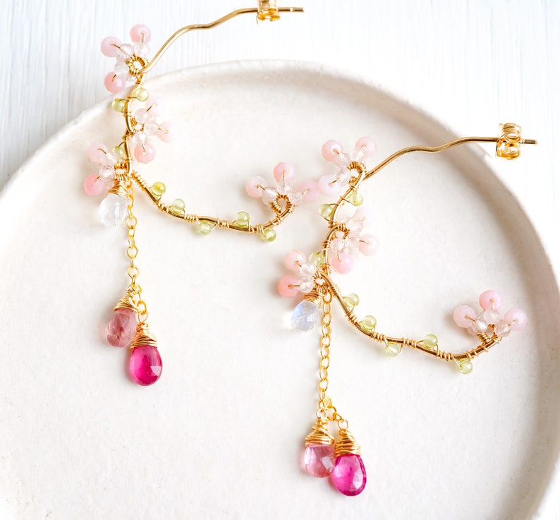 Pink Tourmaline Chandelier Earrings, Cherry Blossom Earrings, Rubellite Gold Hoop, Sakura Wedding Japanese Jewelry zdjęcie 4