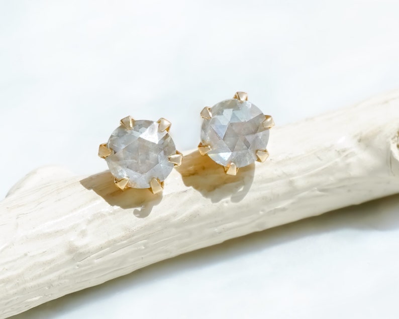 Light Gray Diamond Earrings in 18K Gold, Jewelry gift for Minimalist, Solitaire Stone Studs image 2
