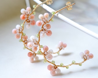 Pink Opal Cherry Blossom Hoop Earrings, 14K Gold Filled, Wedding Floral Jewelry