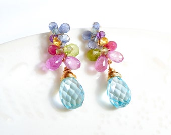 Multi Gemstone Floral Earrings Blue Topaz, Sapphire, 14K Gold Filled