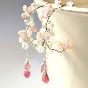 Pink Tourmaline Chandelier Earrings, Cherry Blossom Earrings, Rubellite Gold Hoop, Sakura Wedding Japanese Jewelry image 6