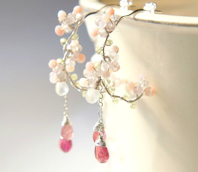 Pink Tourmaline Chandelier Earrings, Cherry Blossom Earrings, Rubellite Gold Hoop, Sakura Wedding Japanese Jewelry zdjęcie 6