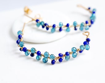 Blue Topaz Lapis Luzuli Hoop Earrings in 14K gold filled or Sterling silver, Wire Wrapped Gemstone Jewelry