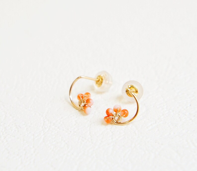 Tiny Solid Gold Earrings. Japanese Orange Coral 14k Gold Studs No Dyed Natural Coral Earrings