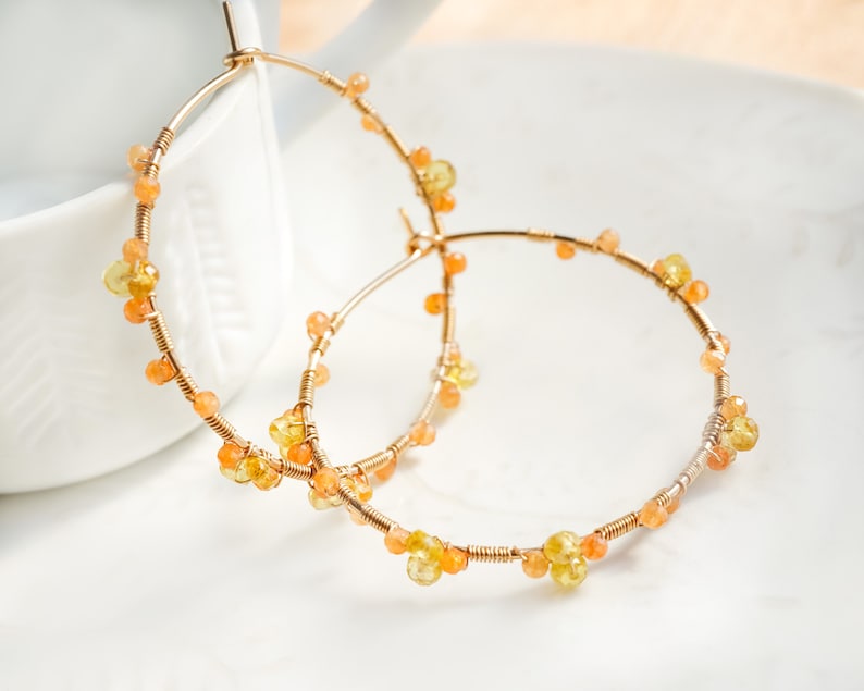 Gelb Orange Edelstein Gold Hoop, 14K gf Saphir Schmuck, Geburtstagsgeschenk, Draht gewickelt Schmuck Bild 4