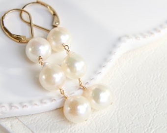 Akoya Baroque Pearl Gold Lever Back Earrings, Japanese Pearl Modern Classic Jewelry for Wedding