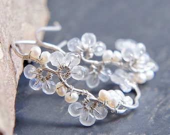 Moonstone Flower Earrings, Sterling Silver, White Floral Wedding Jewelry