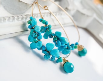 Natural Turquoise Cluster Hoop Earrings, 14K Gold Filled, Sleeping Beauty Arizona