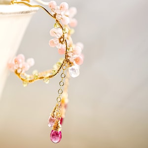 Pink Tourmaline Chandelier Earrings, Cherry Blossom Earrings, Rubellite Gold Hoop, Sakura Wedding Japanese Jewelry zdjęcie 2