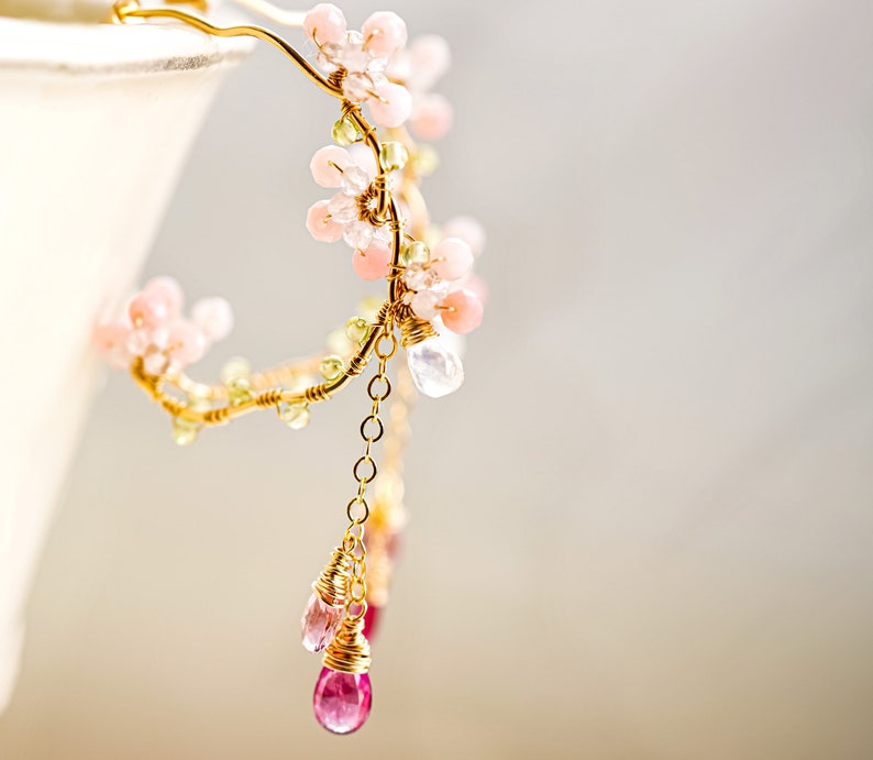 Pink Tourmaline Chandelier Earrings, Cherry Blossom Earrings, Rubellite Gold Hoop, Sakura Wedding Japanese Jewelry zdjęcie 2