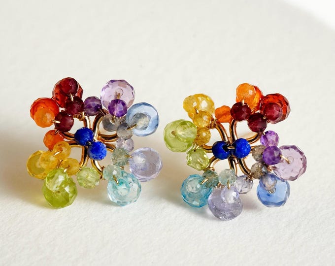 Featured listing image: Rainbow Gemstone Hoop Earrings, Multi Color Sapphire Peridot Quartz, Colorful Boho Jewelry