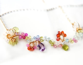 Gemstone Floral Necklace, Amethyst, Peridot, Garnet 14K Gold Filled, Art Nouveau Inspired Design