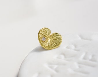 18K Solid Frosted Gold Lotus Leaf One Earring, Heart Stud, Genuine Diamond Jewelry, Boho Chic Birthday gift for her