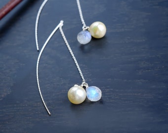 Moonstone and Pearl Threader Earrings in Sterling Silver, Dainty June Birthstone Jewelry