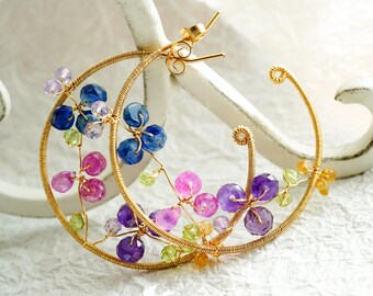 Amethyst, Sapphire, Peridot Hoop Earrings, 14K Gold Filled Floral Gemstone Jewelry