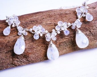 Rainbow Moonstone Chandelier Necklace Sterling Silver Floral Bridal Jewelry