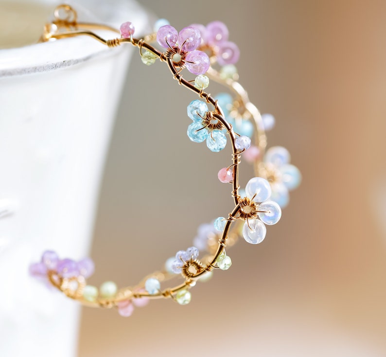 Pastel Gemstones Gold Hoop Earrings, Handmade Dainty Jewelry image 3