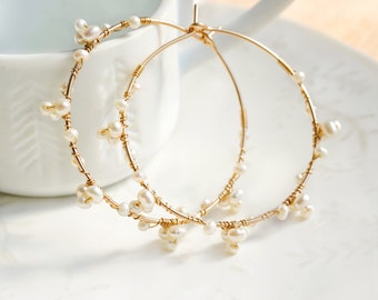 Delicate Pearl Gold Hoop Earrings for Wedding, Fresh water pearl Jewelry, Wire Wrapped Earrings