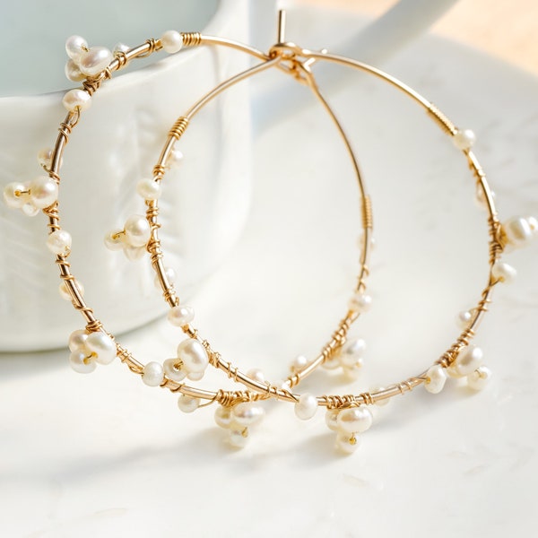 Delicate Pearl Gold Hoop Earrings for Wedding, Fresh water pearl Jewelry, Wire Wrapped Earrings
