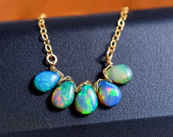 Ethiopian Opal Pendant, 14K Gold filled, Japanese Urushi, Everyday Wear Jewelry, Blue Green Stone