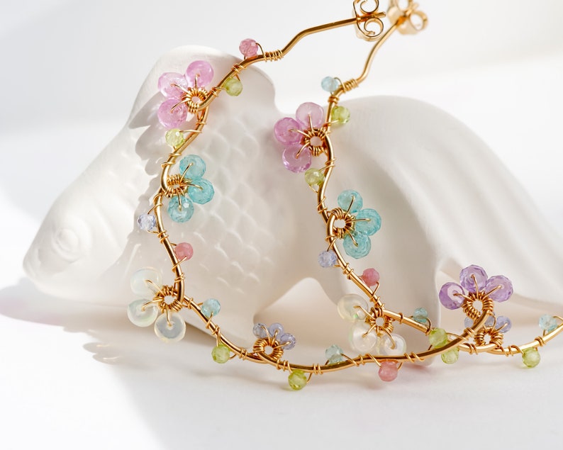 Pastel Gemstones Gold Hoop Earrings, Handmade Dainty Jewelry image 2