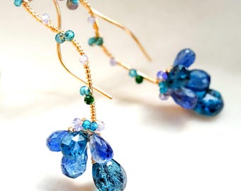 Navy Blue Gemstone Long Dangle Earrings, 14K Gold Filled Kyanite Delicate Jewelry