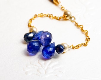 Blue Sapphire Cluster Chain Ring, Adjustable 14k 18k Chain Ring, Slide Ball Ring, Gift for woman