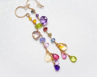 Citrine Amethyst Multi- Color Long Earrings, Asymmetrical Delicate Jewelry, Birthstone Gift