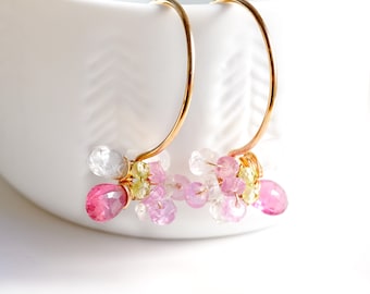 Pink Tourmaline Cherry Blossom Earrings, 14K Gold Filled, Sterling Silver, Japanese Jewelry